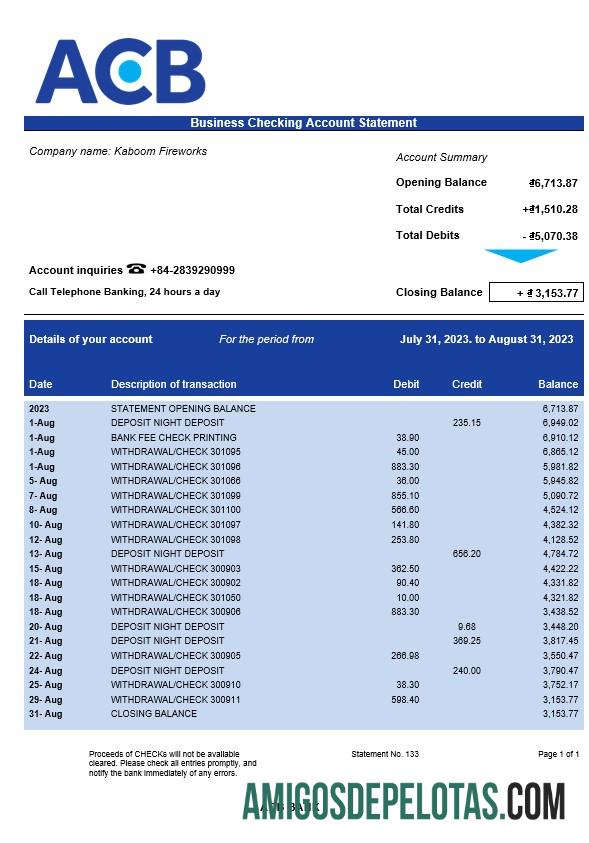 Em branco ACB Bank Firm modelo de extrato de conta Word e PDF